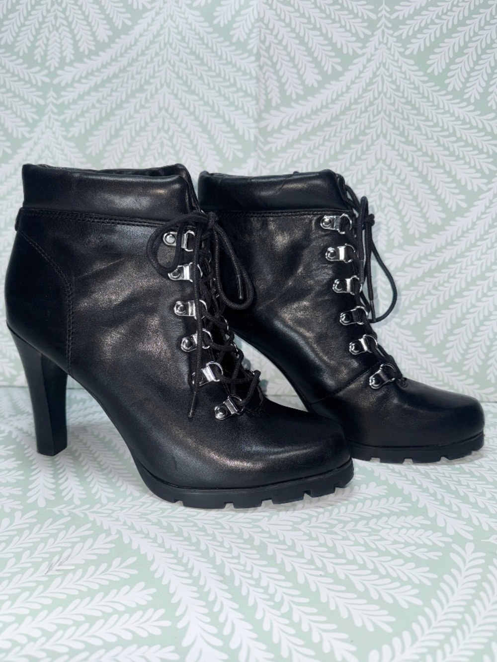 Lauren Ralph Lauren Darby Black Leather Lace-Up Platform Heel Booties